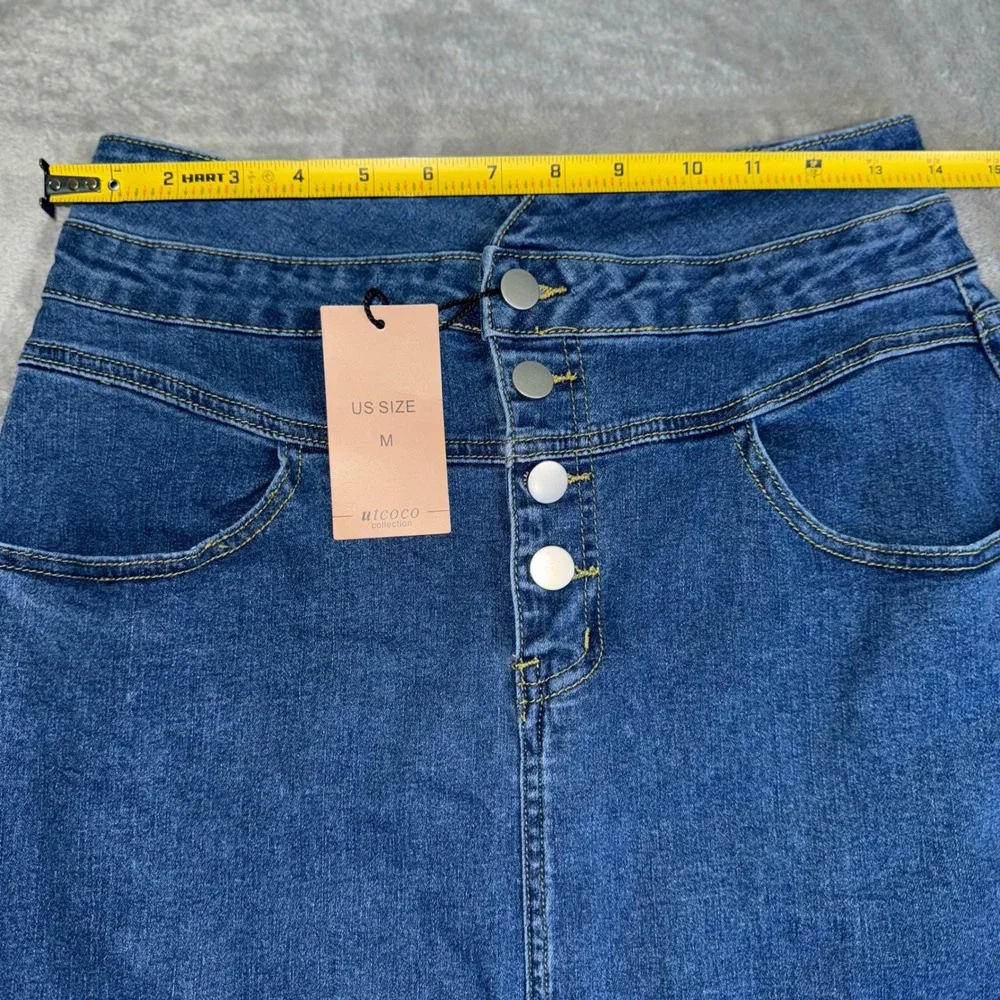 Denim Midi Skirt Button Front High Waist Slit Dark Wash Blue Women's Medium - Picture 5 of 7